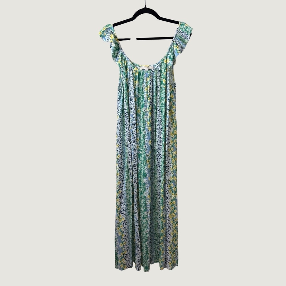 Loft Floral Patchwork Maxi Dress Large Green Blue Ruffle Cottagecore Sundress L